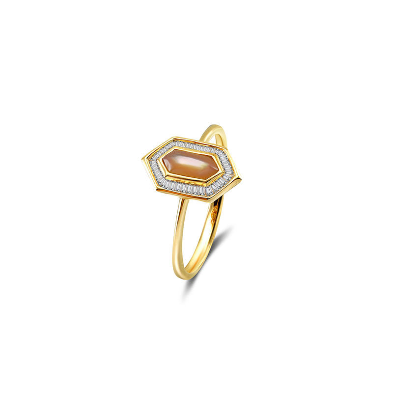 18k Gold Hexagonal Shape Pink Shell Diamond Ring - Genevieve Collection