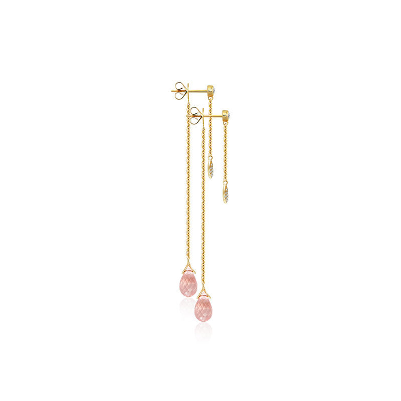 18k Gold Pink Quartz Chain Diamond Earring - Genevieve Collection