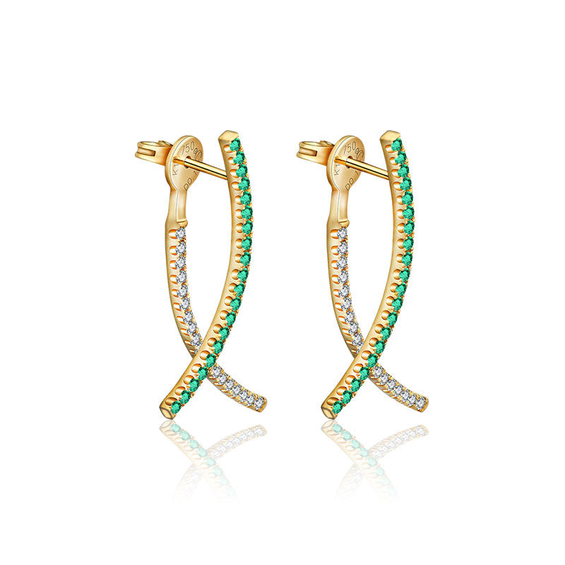 18k Gold Double Curve Diamond Earring With Emerald - Genevieve Collection