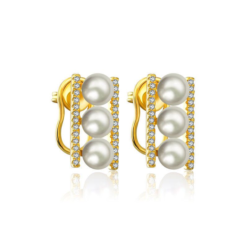 18k Gold Pearl Diamond Earring in Line Order - Genevieve Collection