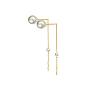 18k Gold Double Arrow Chain Diamond Earring With Pearl - Genevieve Collection