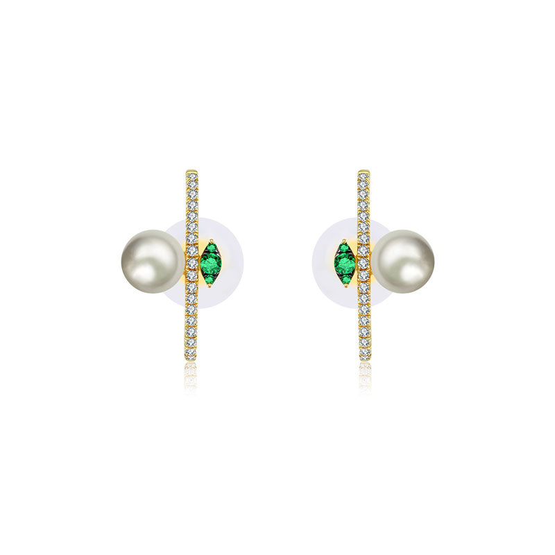 18k Gold Half Hoop Diamond Earring with Pearl and Emerald - Genevieve Collection