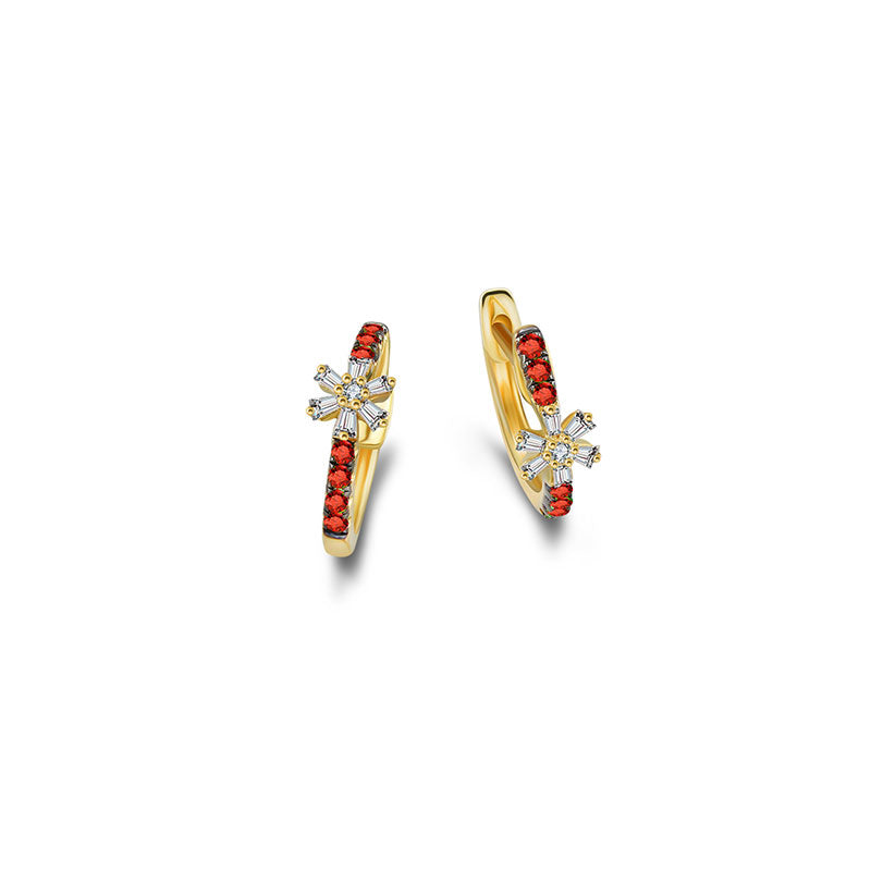 18k Gold Hoop Diamond And Ruby Earring with Flower Pattern - Genevieve Collection