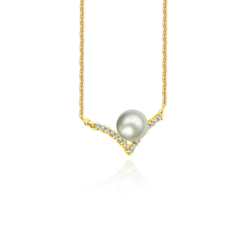 18k Gold Double Curve Diamond Necklace With Pearl - Genevieve Collection