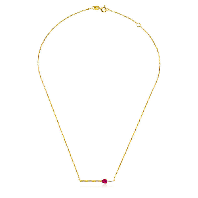 18k Gold Line Diamond Necklace with Drop Shape Ruby - Genevieve Collection