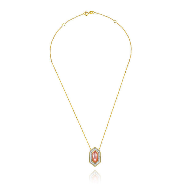 18k Gold Hexagonal Shape Pink Shell Diamond Necklace - Genevieve Collection