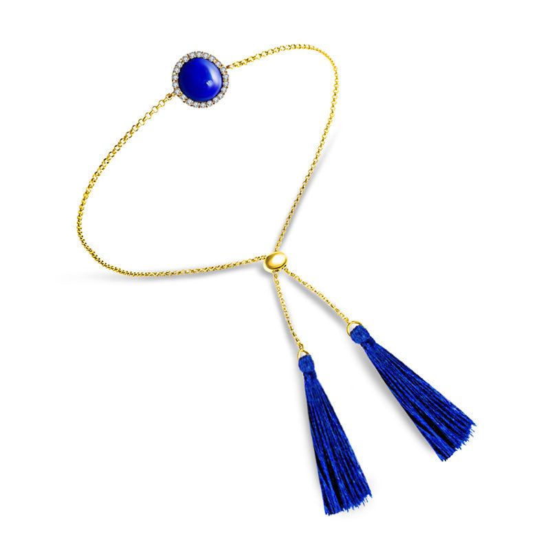 18k Gold Round Lapis Diamond Bracelet with Blue Tassel - Genevieve Collection