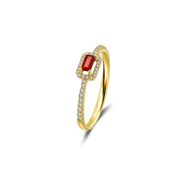18k Gold Rectangle Shape Ruby Ring Surrounded by Diamond - Genevieve Collection