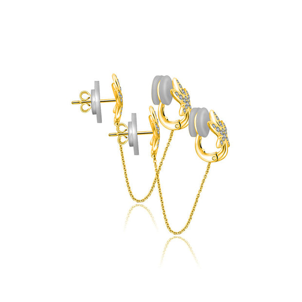 18k Gold Leaf Shape with Chain Diamond Ear Cuff & Earring - Genevieve Collection