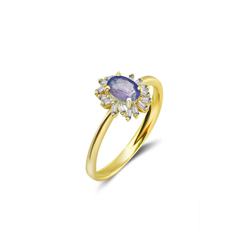 18k Gold Sapphire Ring Surrounded by Irregular Shape Diamond - Genevieve Collection