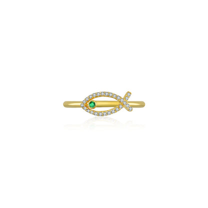 18k Gold Fish Shape Diamond Ring with Emerald - Genevieve Collection