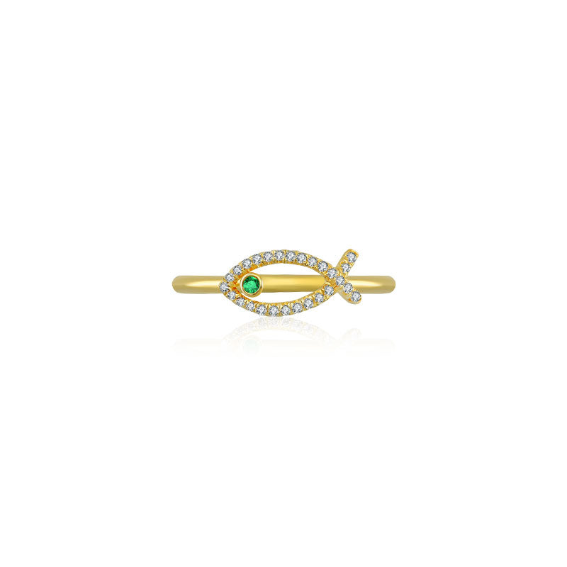 18k Gold Fish Shape Diamond Ring with Emerald - Genevieve Collection