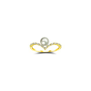 18k Gold Double Curve Diamond Ring With Pearl - Genevieve Collection