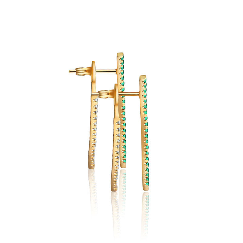 18k Gold Double Curve Diamond Earring With Emerald - Genevieve Collection